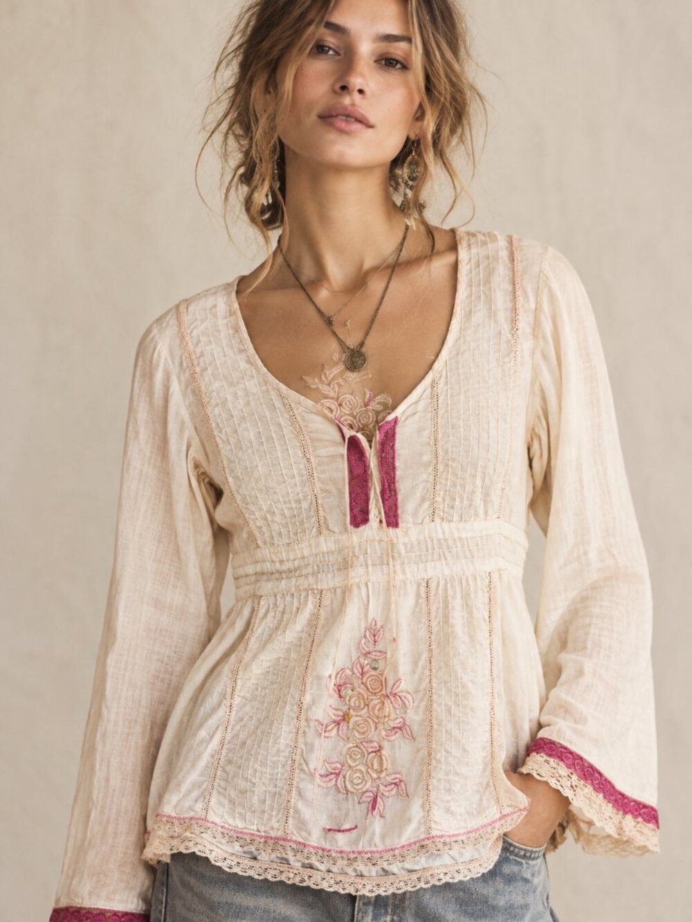Free People Cotton Peasant Tunic Top Vintage Y2k Boho Embroidered Babydoll Hippy